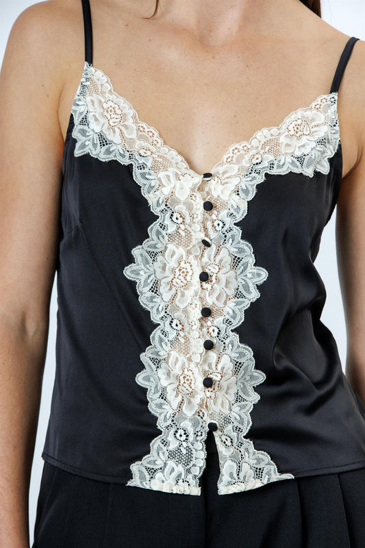 Lacey Black Satin Camisole Top