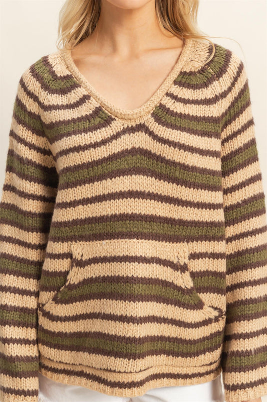 Aria Kangaroo Pocket Detail Striped Pullover