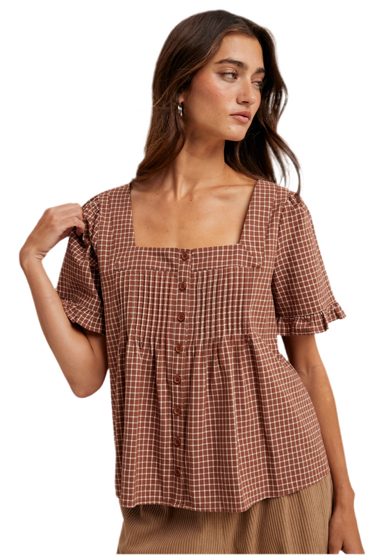 Betty Short Sleeve Plaid Button up Top