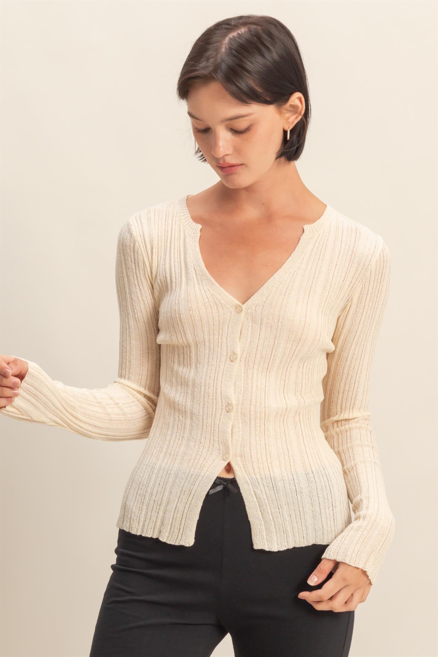 Juliet Ribbed V-Neck Fitted Button Cardigan