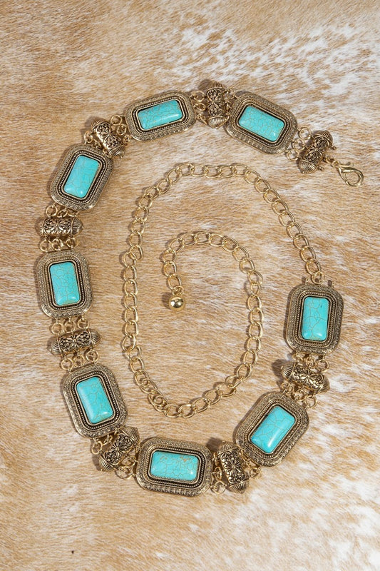 Rectangle Turquoise Stone Western Concho Chain Belt