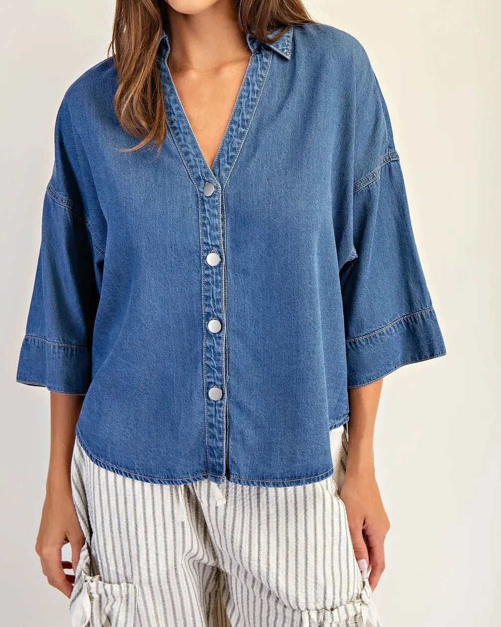 Harper Denim V-Neck Button Down Elbow Length Sleeves Top