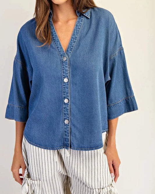 Harper Denim V-Neck Button Down Elbow Length Sleeves Top