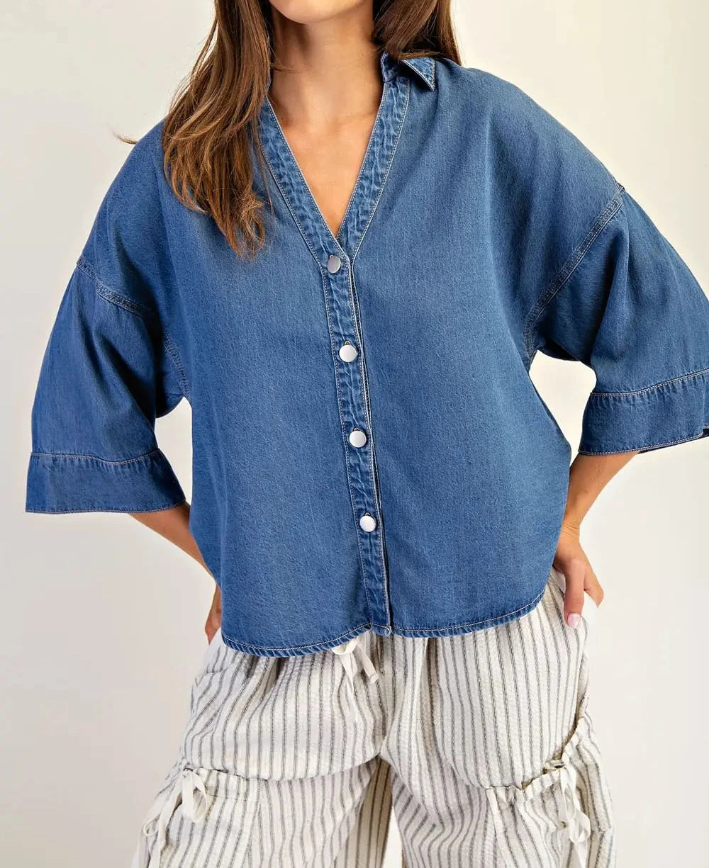 Harper Denim V-Neck Button Down Elbow Length Sleeves Top