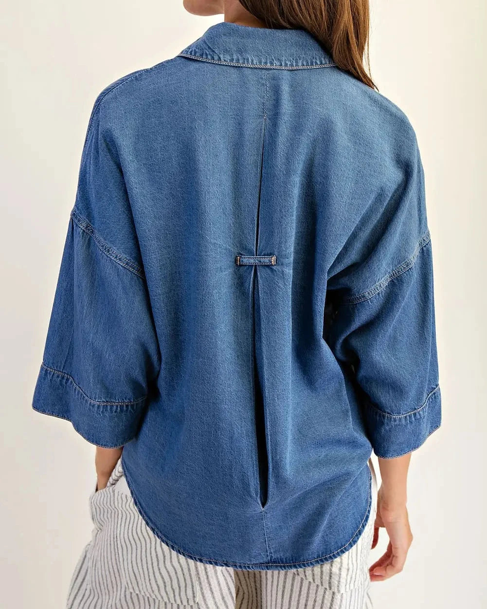 Harper Denim V-Neck Button Down Elbow Length Sleeves Top