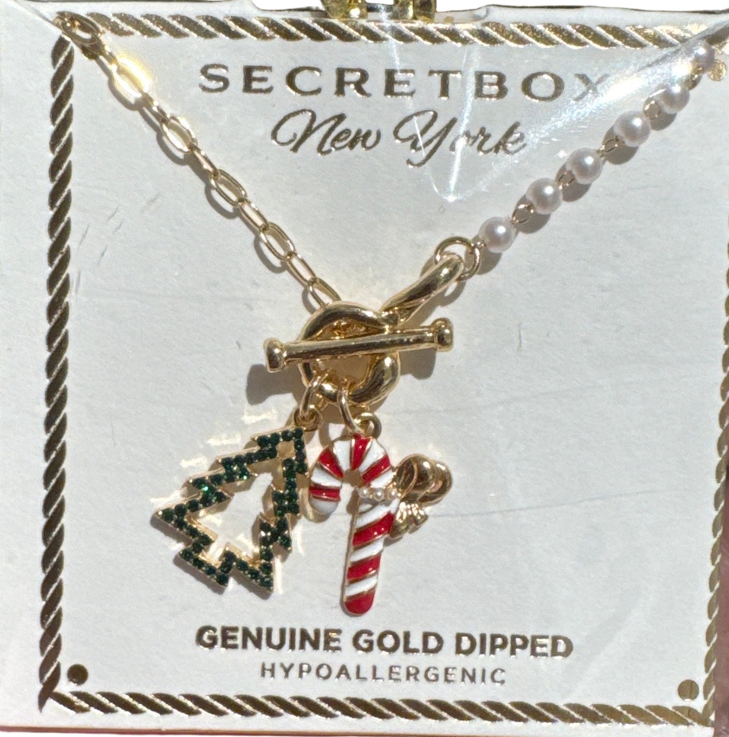 Christmas Tree & Candy Cane Charm Necklace Gold Dipped