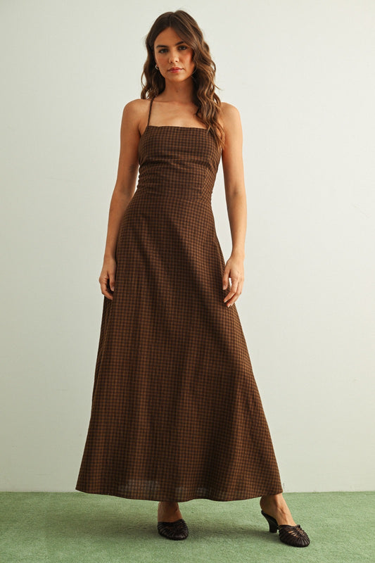 Nikki Gingham Pattern Brown Maxi Dress