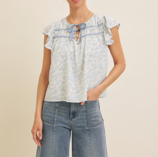 Iris Printed Top With Ruffled Short Sleeves