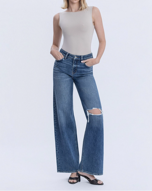 High Rise Distressed Left Knee Wide Leg Jeans
