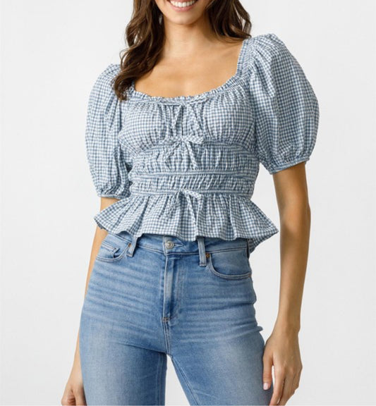Short Sleeve Checkered Blue Gingham Top