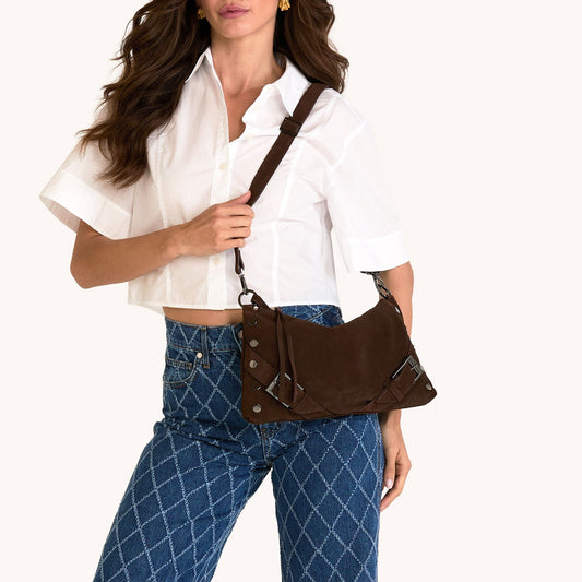Hammitt| Kyle Medium Shoulder Bag Belted Suede/Gunmetal