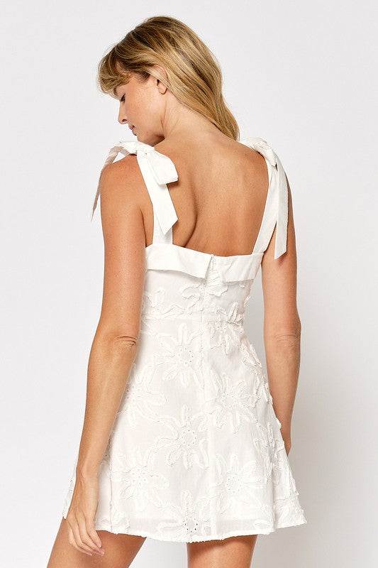 Flower Texture dress with Ribbon Shoulder Tie Mini Dress