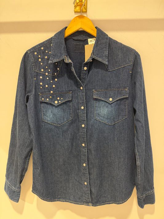 Denim Chambray Rhinestone Button-Up Shirt