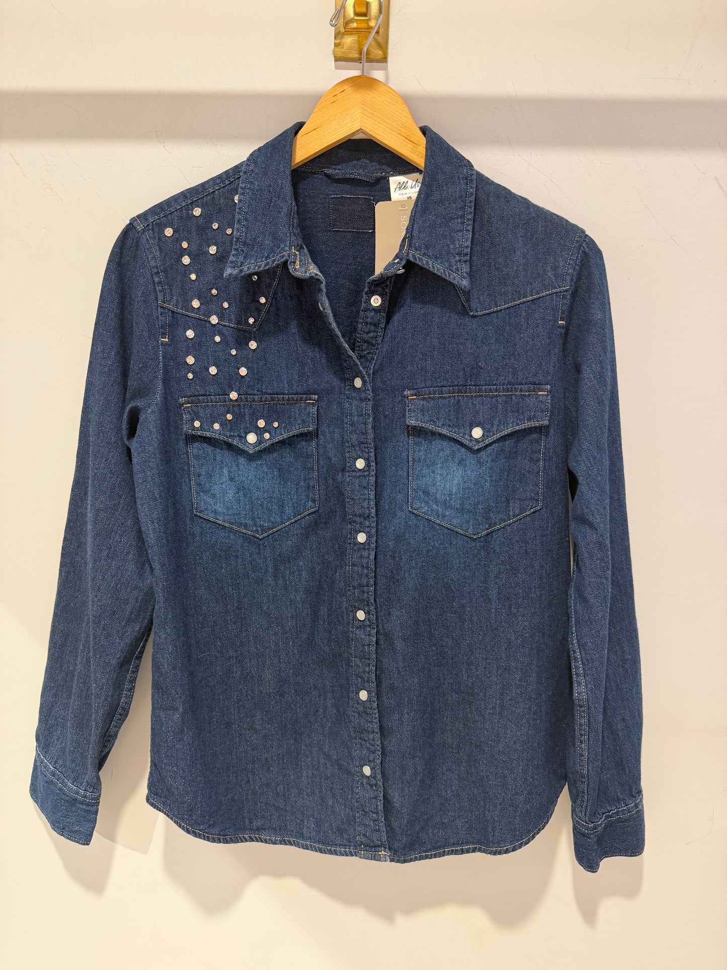 Denim Chambray Rhinestone Button-Up Shirt