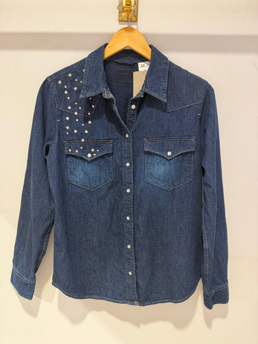 Denim Chambray Rhinestone Button-Up Shirt