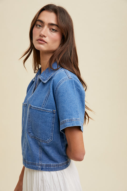 Sandy Collared Denim Top With Pockets