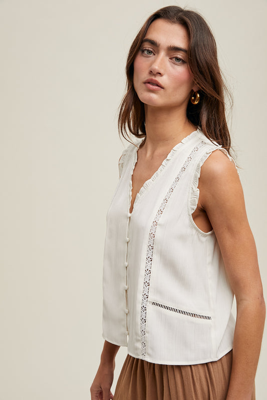 Pearla Sleeveless Floral Trim Top