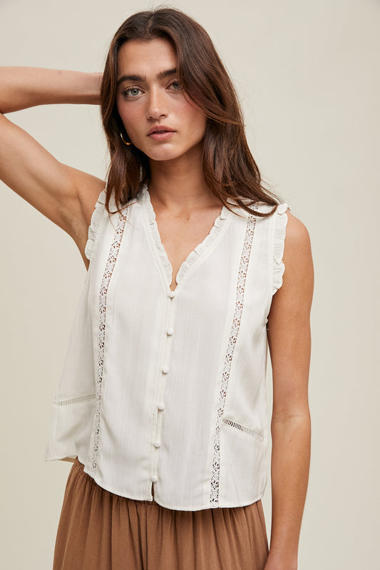 Pearla Sleeveless Floral Trim Top