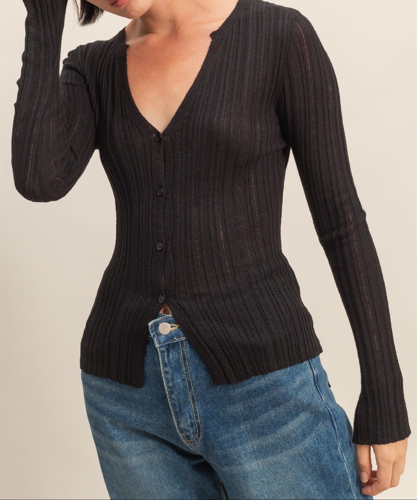 Juliet Ribbed V-Neck Fitted Button Cardigan
