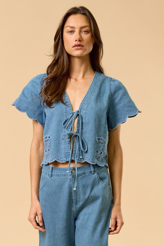 Teri Front Tie Floral Embroidery Denim Top