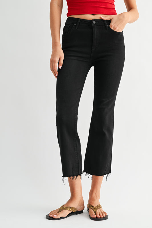 High Rise Crop Flare W/ Distressed Hem Jean