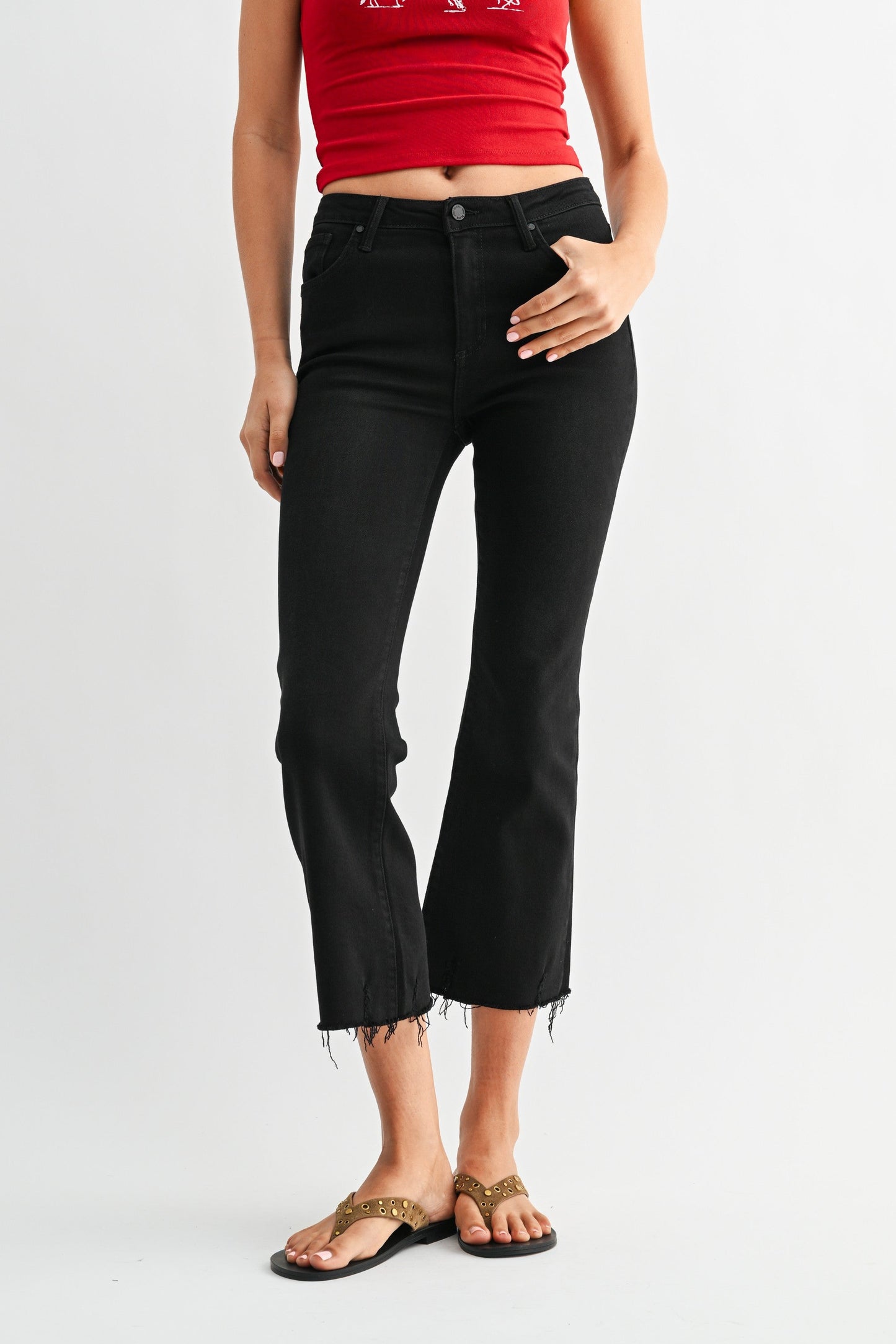 High Rise Crop Flare W/ Distressed Hem Jean