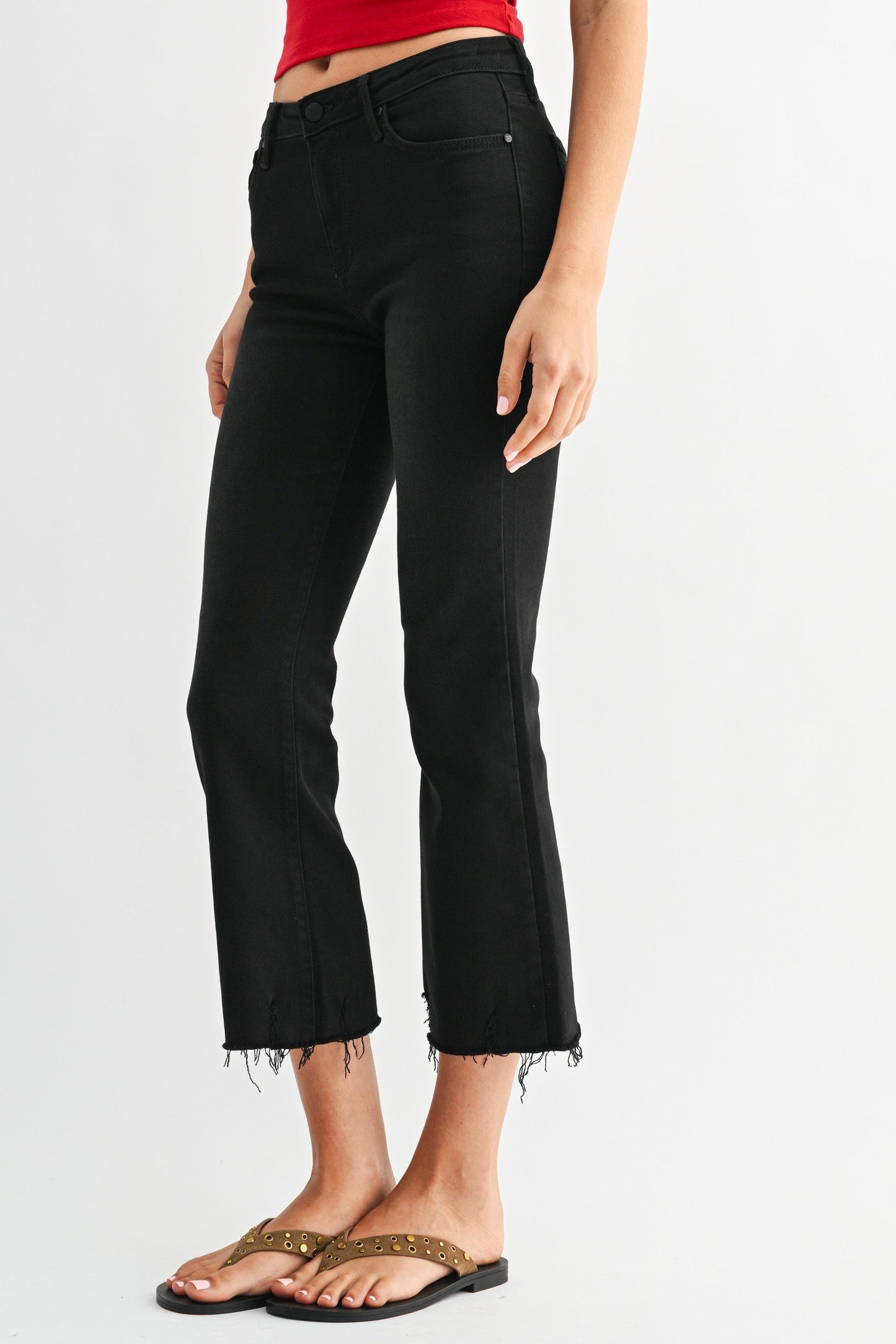 High Rise Crop Flare W/ Distressed Hem Jean