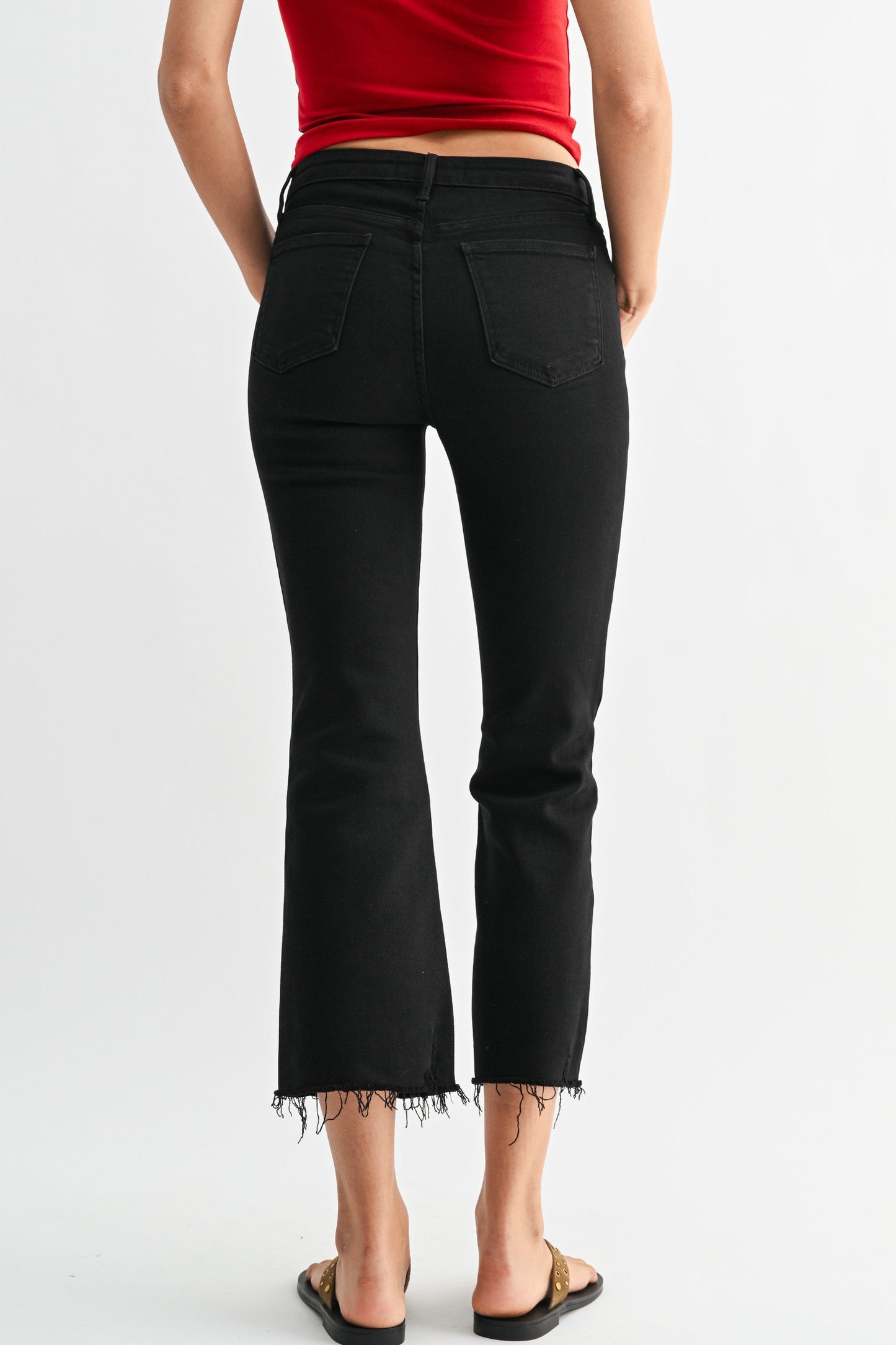 High Rise Crop Flare W/ Distressed Hem Jean
