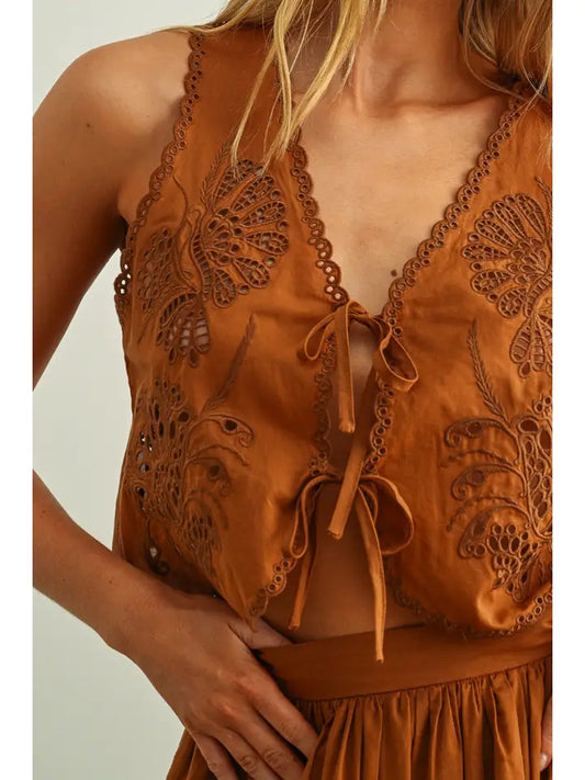 Victoria Embroidery Tied in Front Sleeveless Top