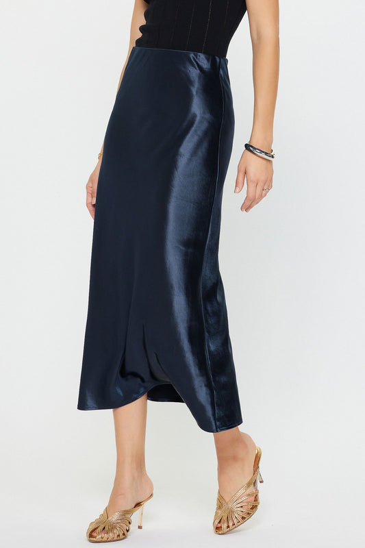 Celia Navy Satin Midi Skirt