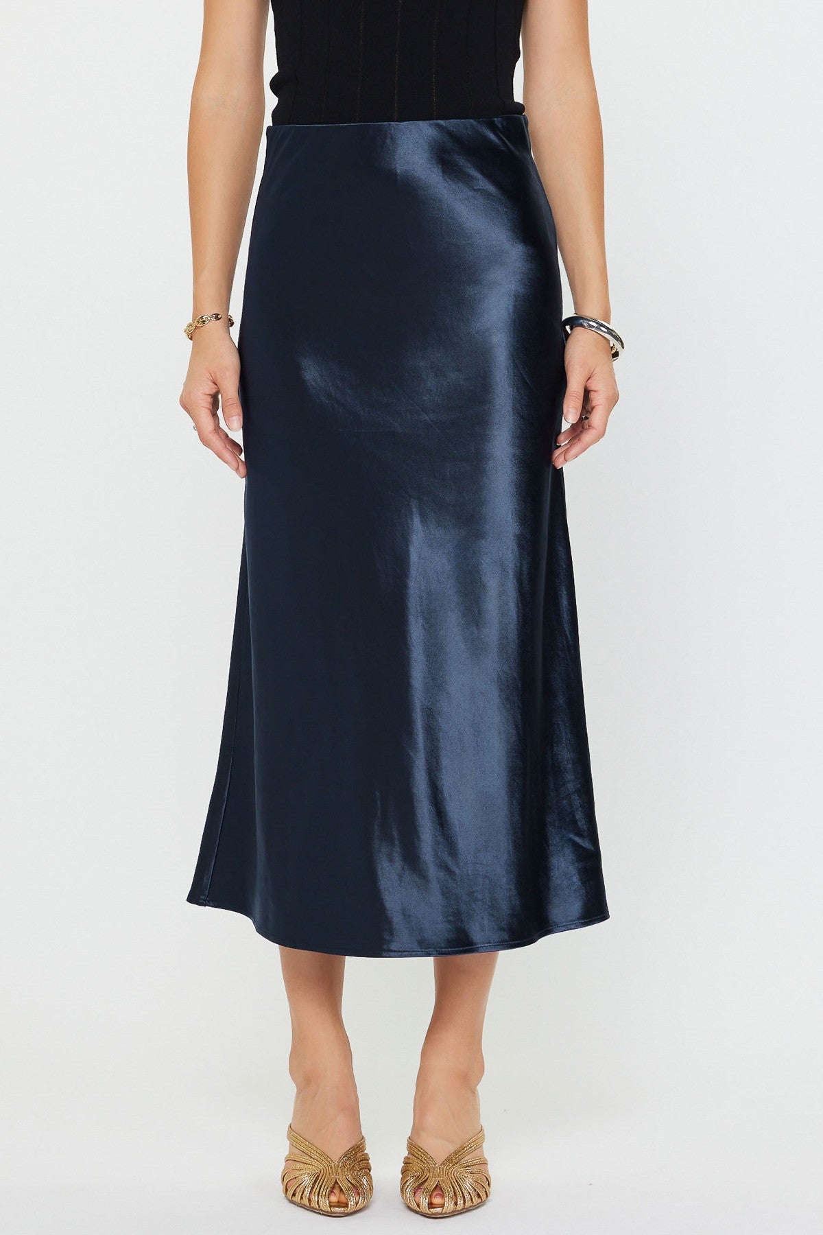 Celia Navy Satin Midi Skirt