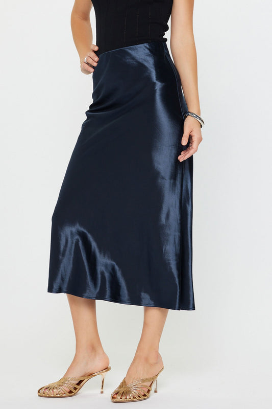 Celia Navy Satin Midi Skirt