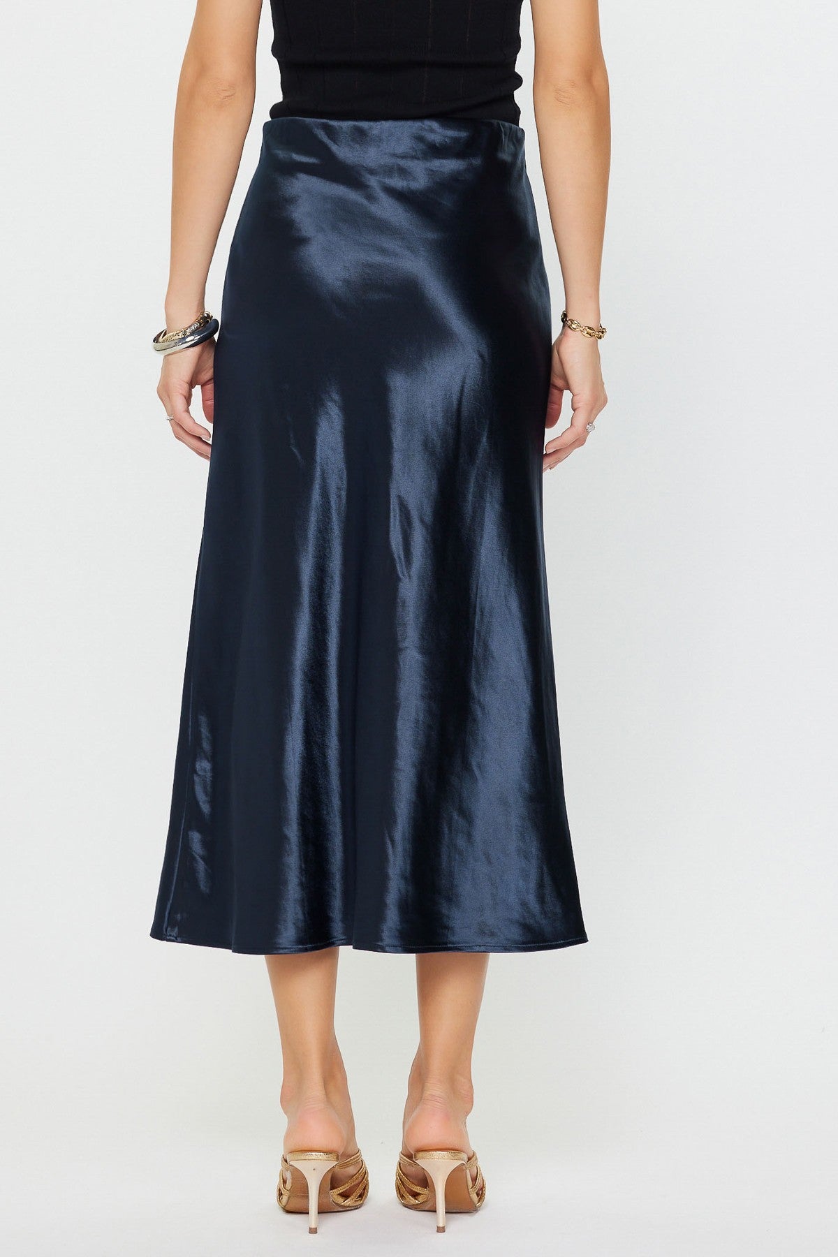Celia Navy Satin Midi Skirt