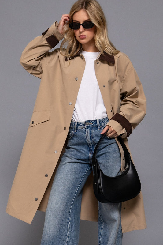 Chic Contrast Collar Long Trench Coat