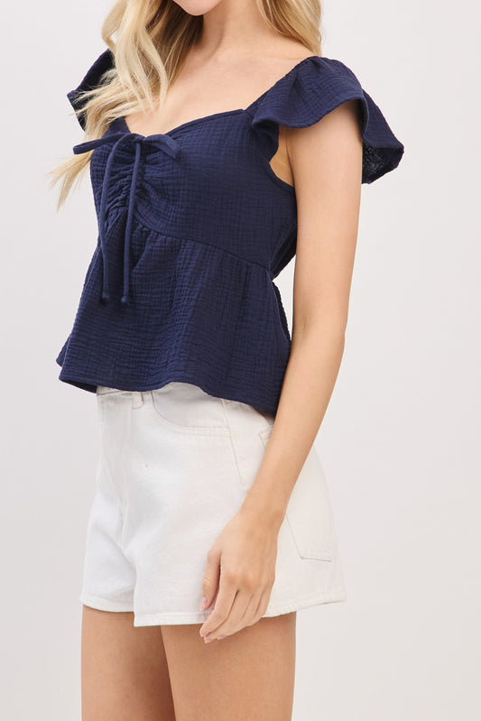 Navy Front Ruching Short Sleeve Top
