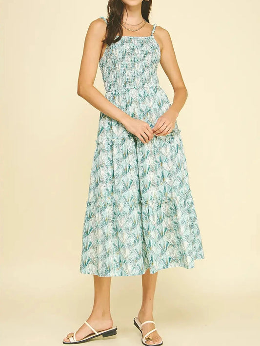 Bay Seashell Print Tiered Midi Dress