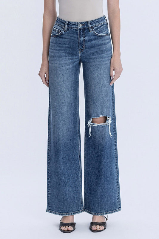 High Rise Distressed Left Knee Wide Leg Jeans