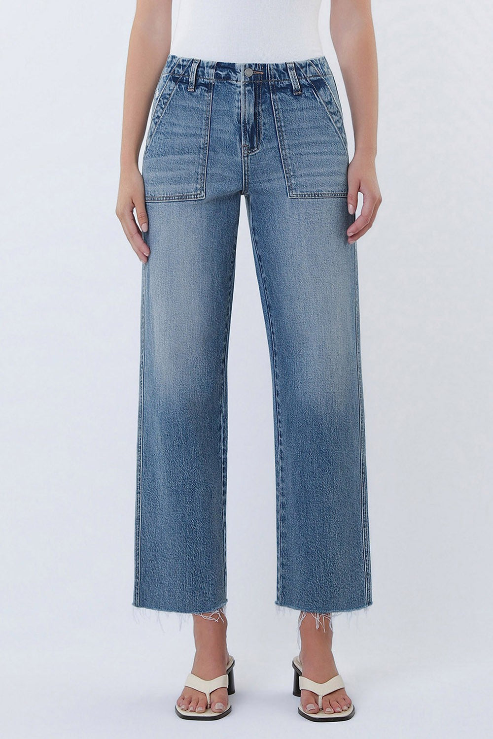 High Rise Patch Pocket Slim Wide Jeans