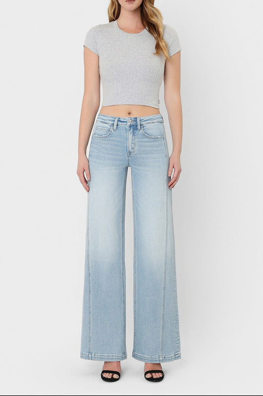 HIGH RISE LIGHT WASH SIDE PANEL WIDE LEG JEANS