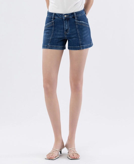 High Rise Trouser Hem Utility Denim Shorts